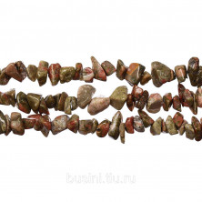 Бусины каменные, унакит, сколы, 3-8мм, 240 шт., низка